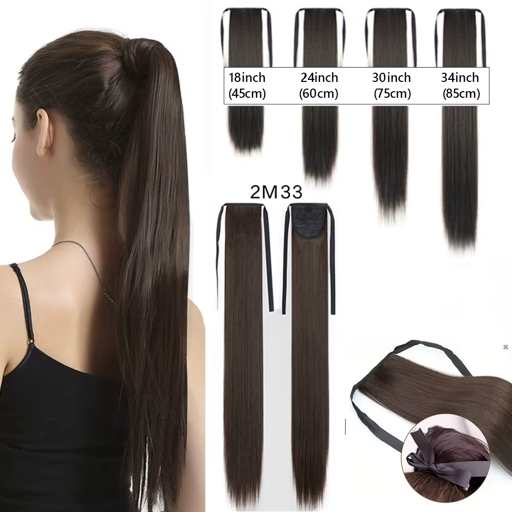 Perruque synthétique pour femme (18-34 pouces) Cheveux longs et raides avec accessoire de coiffure style queue de cheval à enrouler et à clipser