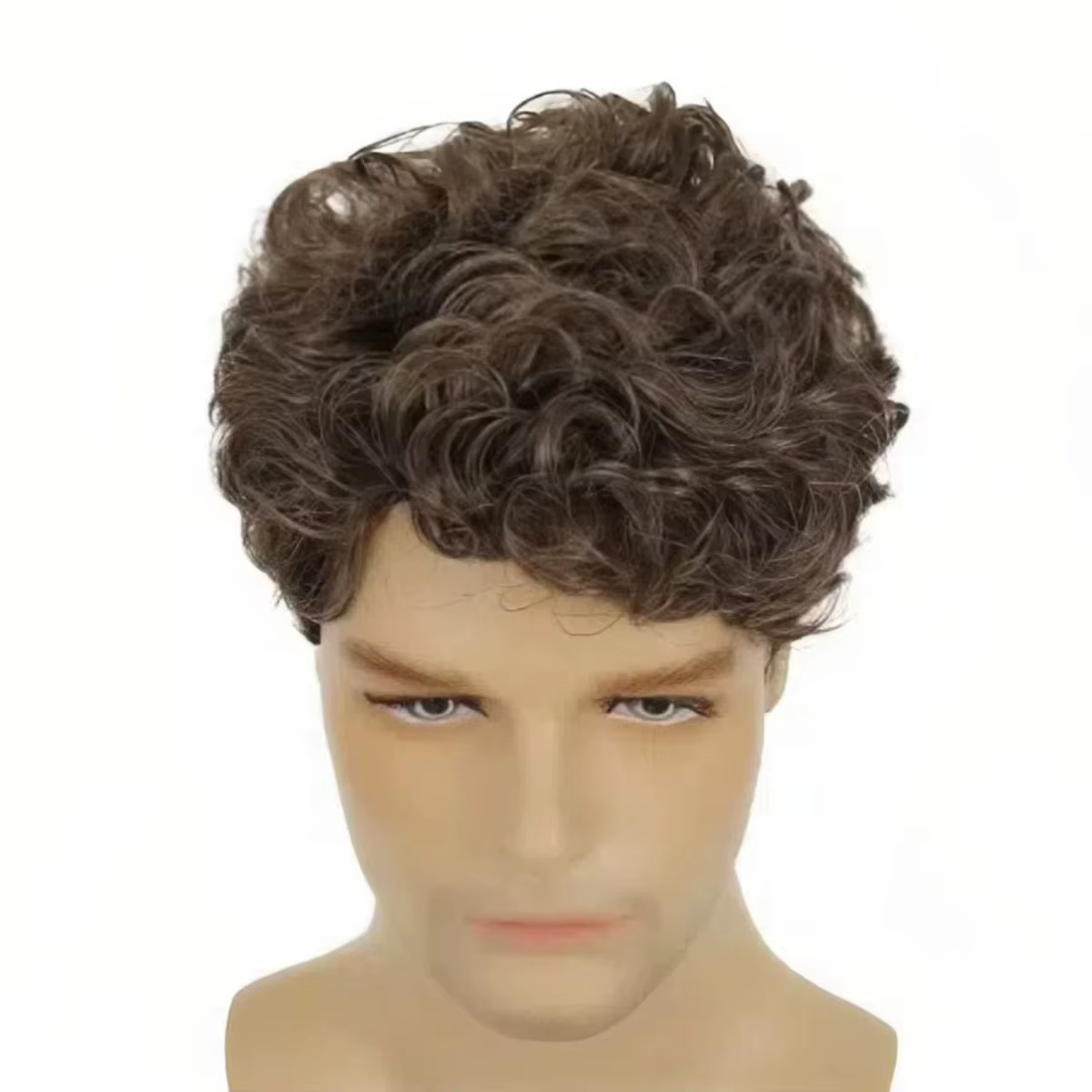 Perruque Courte Bouclée Synthétique Marron pour Hommes