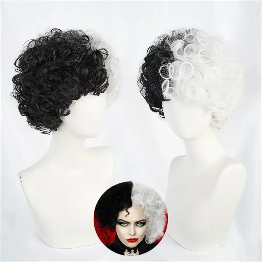 CRUELLA Deville De Vil noir blanc avec frange courte Bob résistant à la chaleur perruque De cheveux Cosplay Halloween