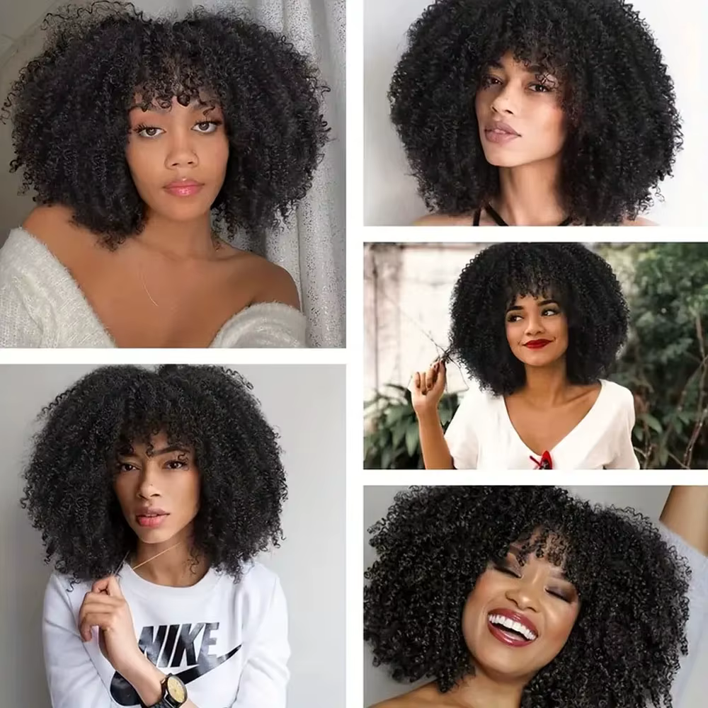Perruque Afro Bouclée Synthétique avec Frange