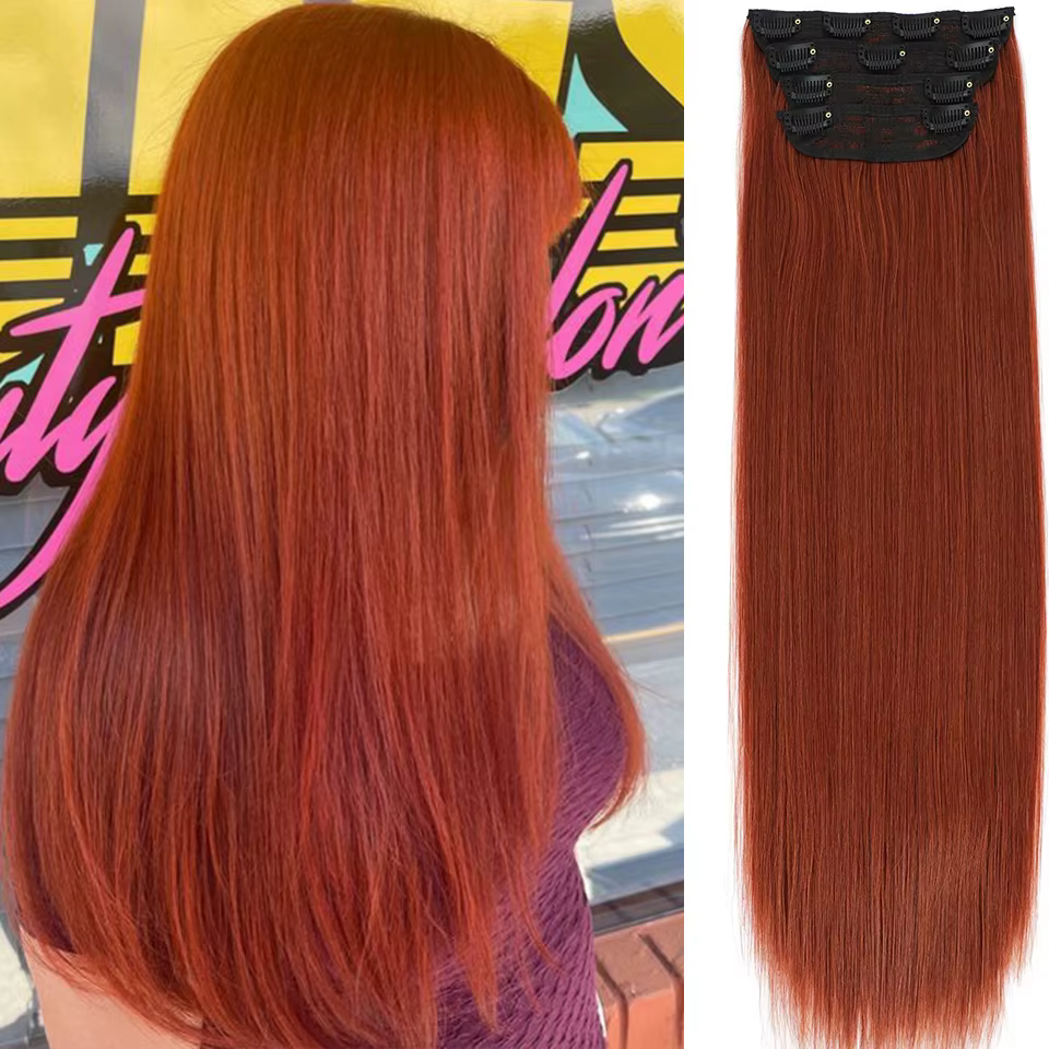 Extensions de cheveux lisses blondes orange de 24 pouces avec clips, ombré marron6 # Highlight P27/613 # 4 pièces/paquet de cheveux synthétiques résistants à la chaleur