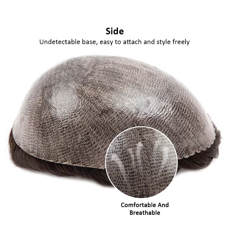 Nouveaux hommes toupet avec noeuds pleine PU 0.12-0.14 cm perruque de cheveux humains indien système