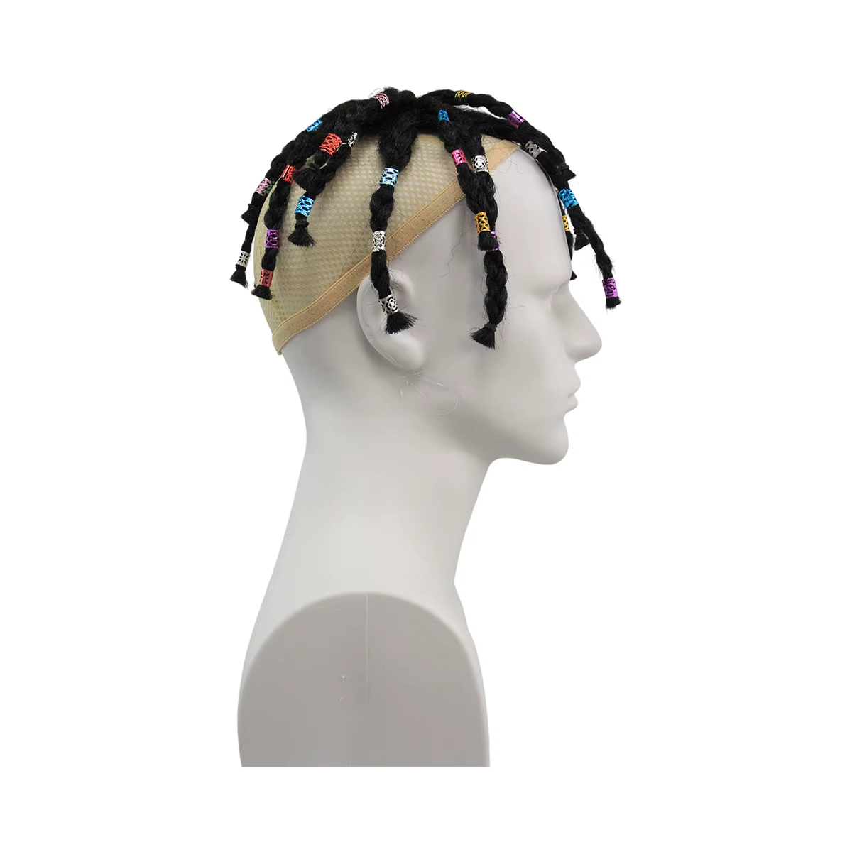 Perruque courte noire tressée avec perles colorées