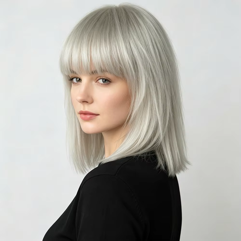 Perruque Bob Droite Gris Argenté avec Frange Complète