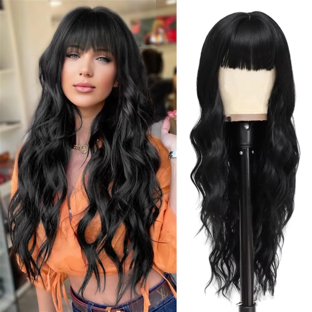 Perruques synthétiques populaires pour femmes avec frange et cheveux longs et bouclés shaggy Festival fête usage quotidien perruque de tête en fibre chimique