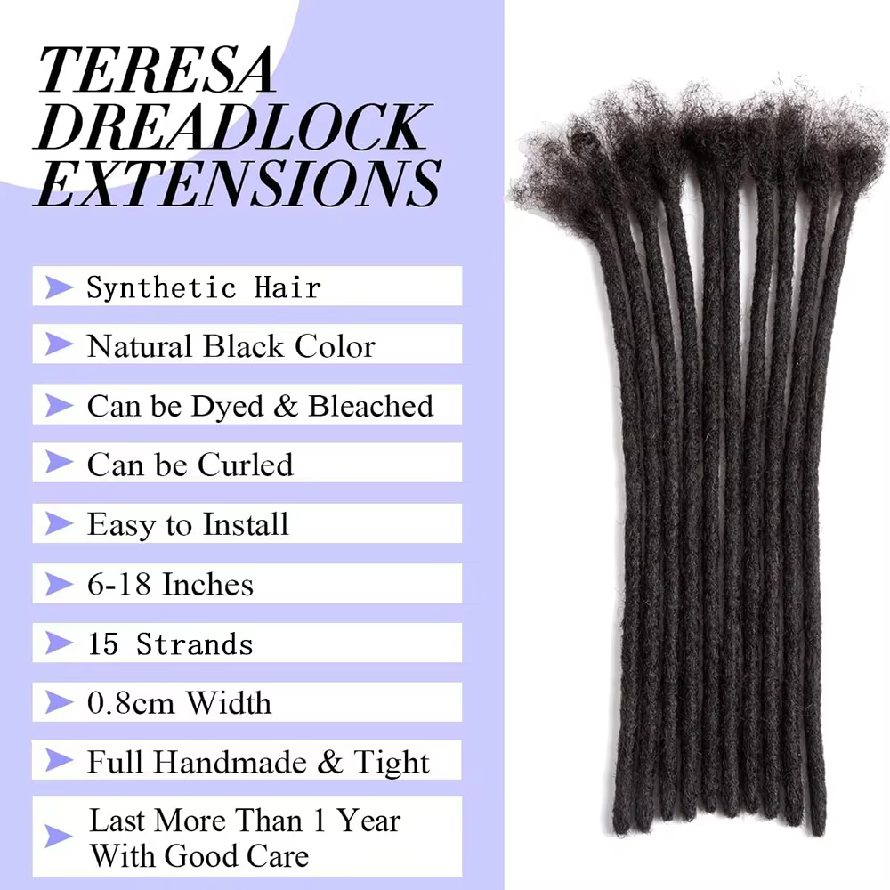 Extensions de dreadlocks synthétiques Teresa, extensions de locs synthétiques, largeur 0,8 cm, 10 pouces, 15 mèches, extensions de dreadlocks en cheveux naturels