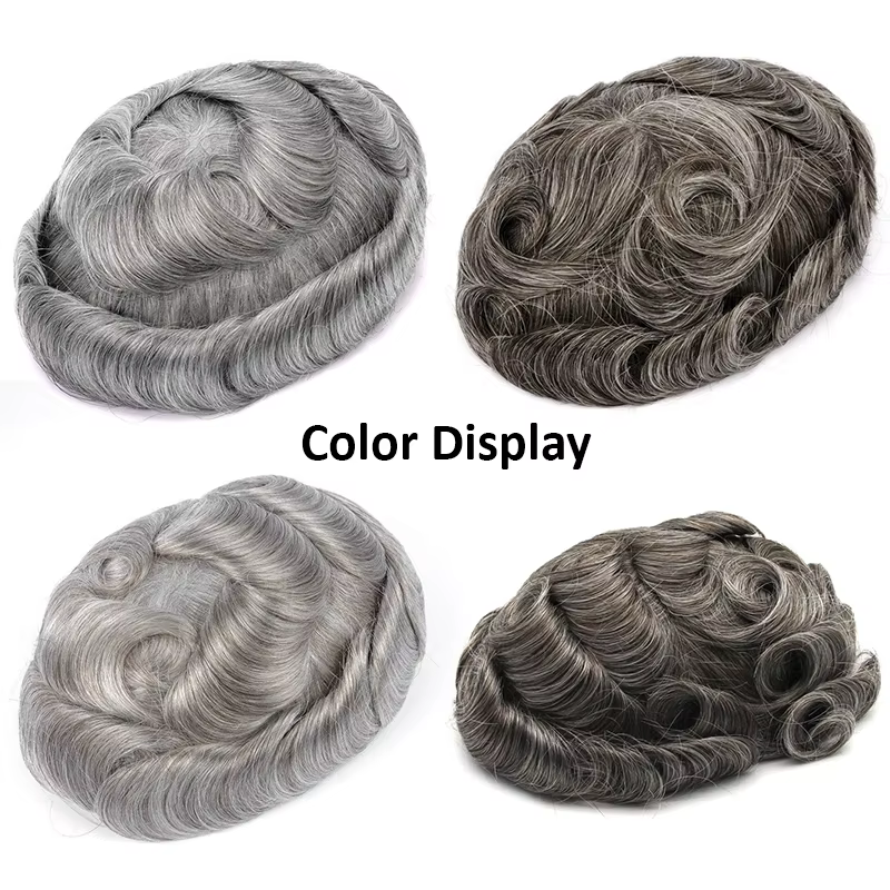 Peau mince pleine PU 0.02mm homme toupet mâle perruques de cheveux humains indien