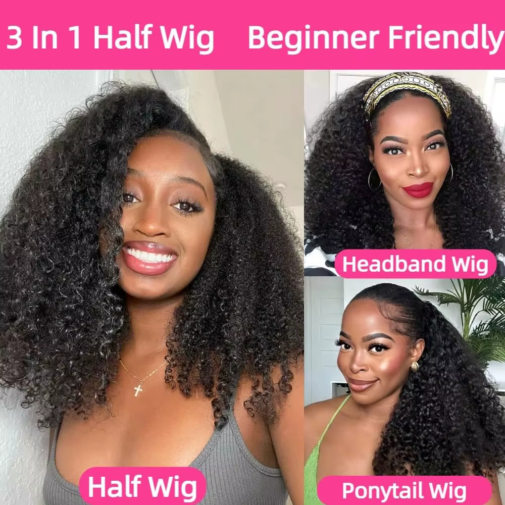 Demi-perruque cheveux humains crépus bouclés 3 en 1 perruque