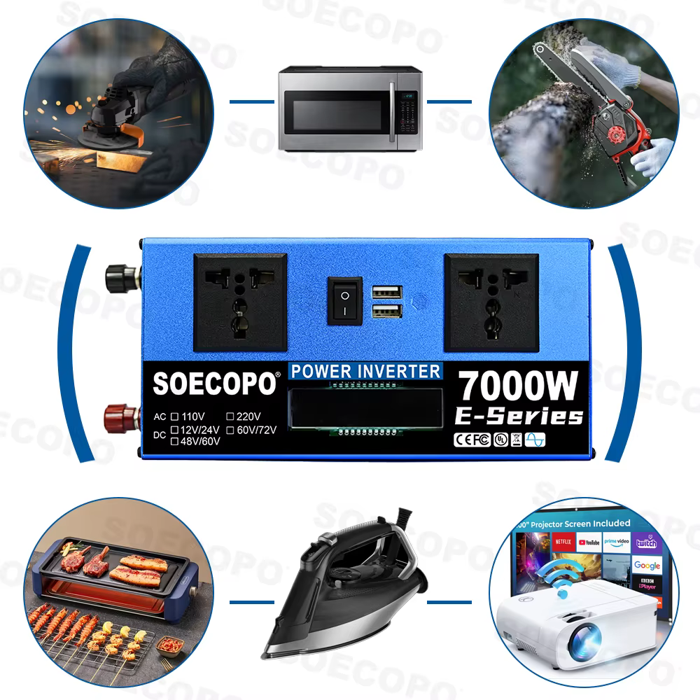 Convertisseur de tension double 7000W-10000W DC 12/24V 48/60V 60/72V vers AC 220V 50Hz avec port USB pour camping-car, camping, camion, extérieur