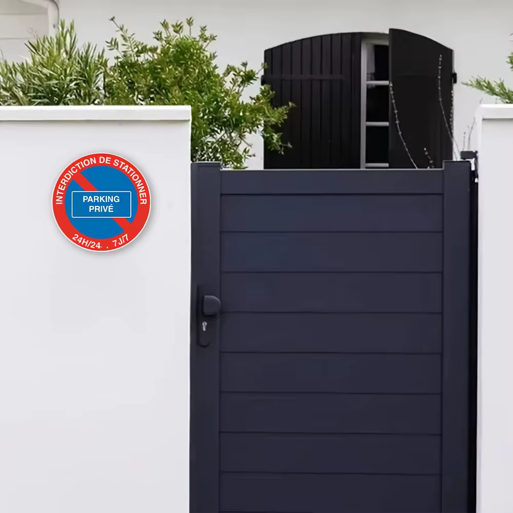 Panneau en métal imprimé HD « INTERDICTION DE STATIONNER PARKING PRIVÉ 24H/24 7J/7 » – Propriété privée, interdiction de stationnement – Avec motif Re