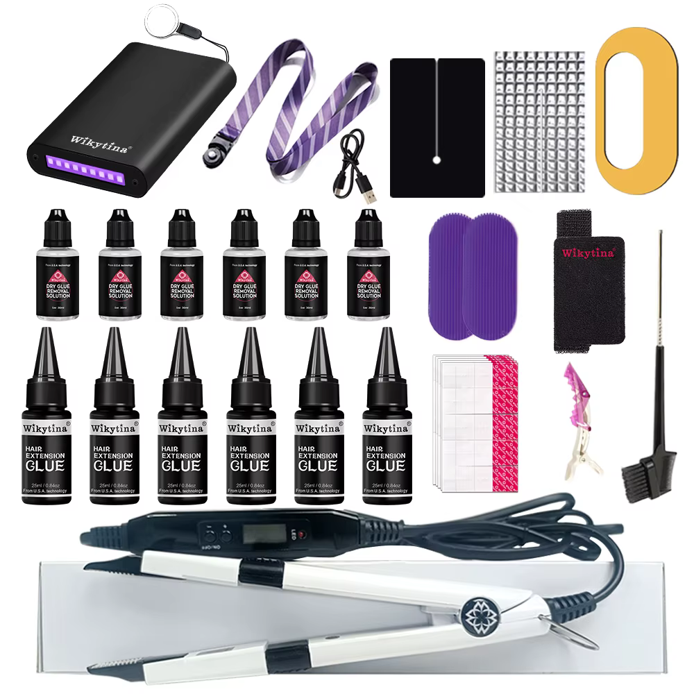 Kit d'extensions de cheveux légers en V avec colle à lumière UV et machine d'extension