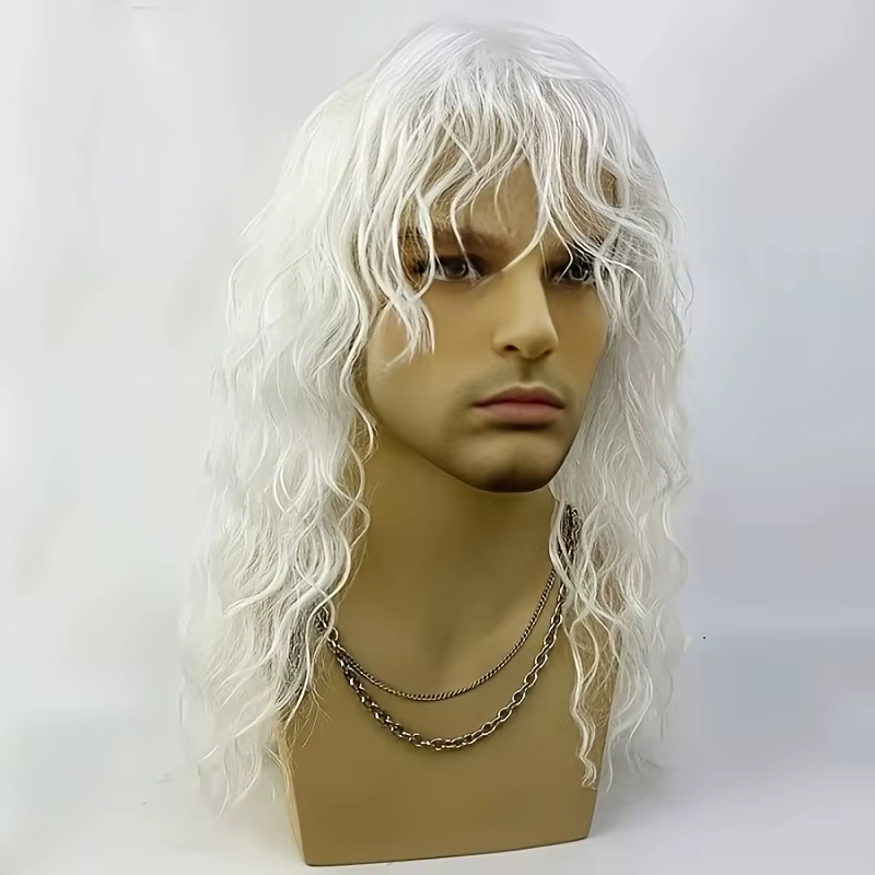 Perruque bouclée blanche pour hommes avec frange – Cheveux synthétiques ondulés naturels pour cosplay