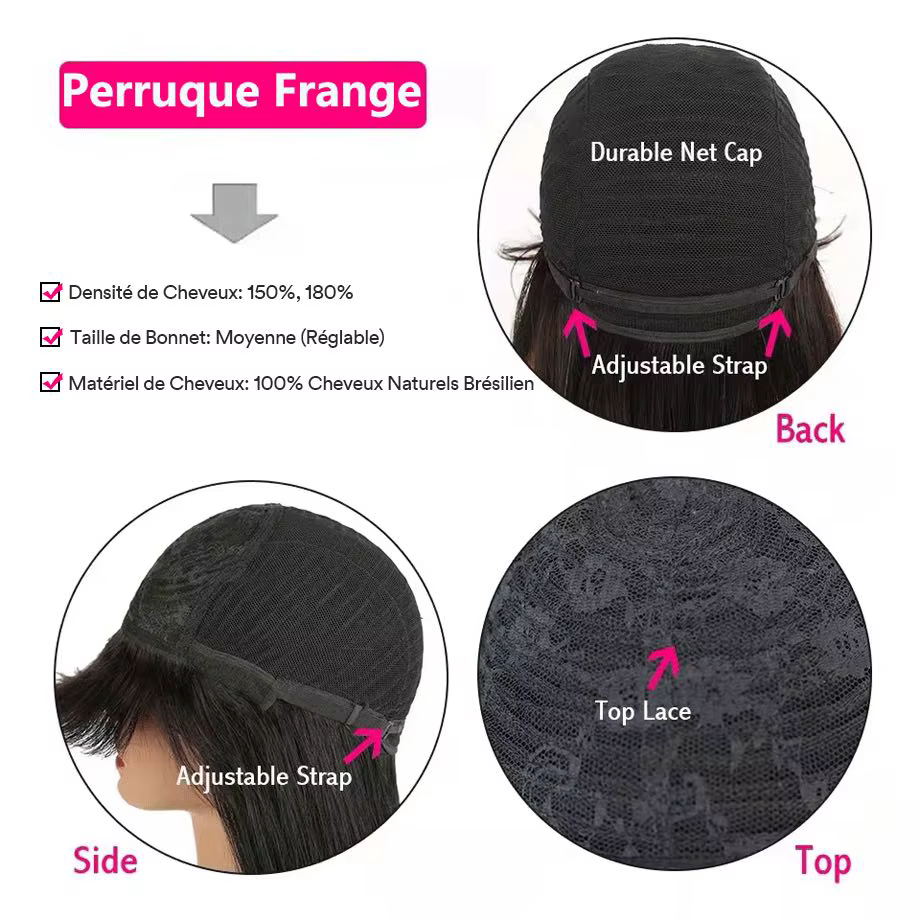 Perruque brésilienne courte Bob avec frange pour femme