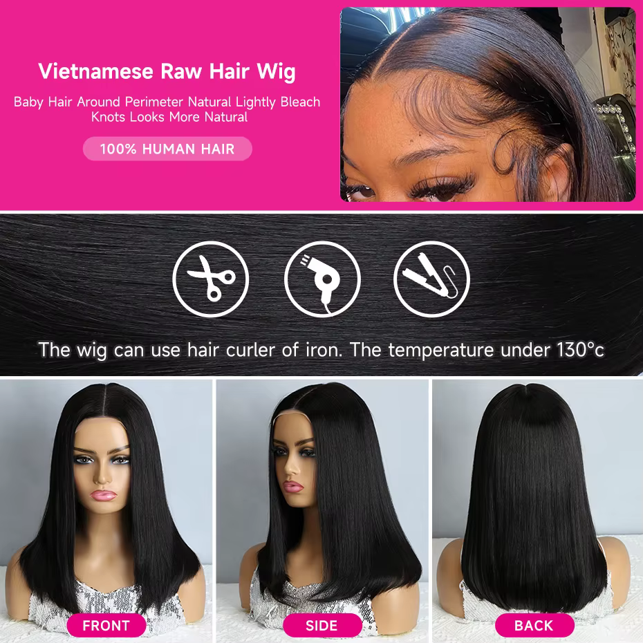 Perruques Courtes Bob en Cheveux Humains Naturels Vietnamiens 250% Haute Densité