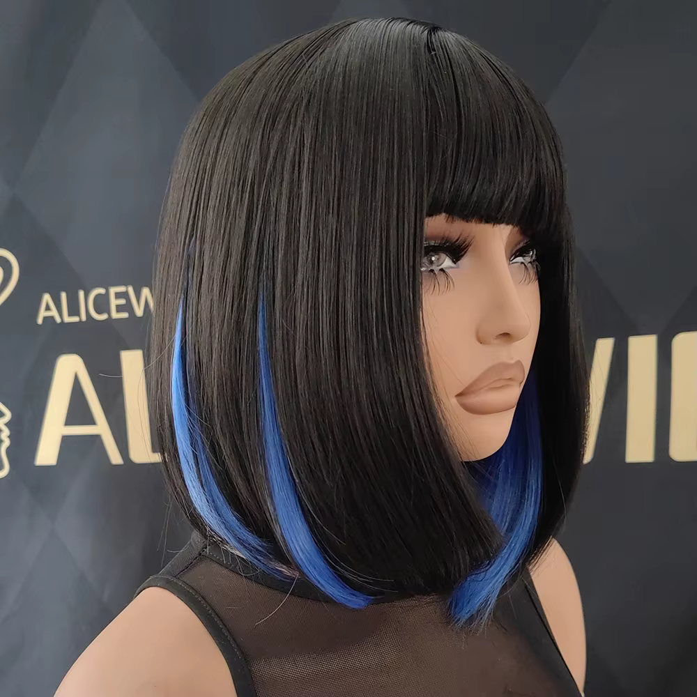 2025 Nouvelle perruque bleue, perruque Bob synthétique bleue mixte noire