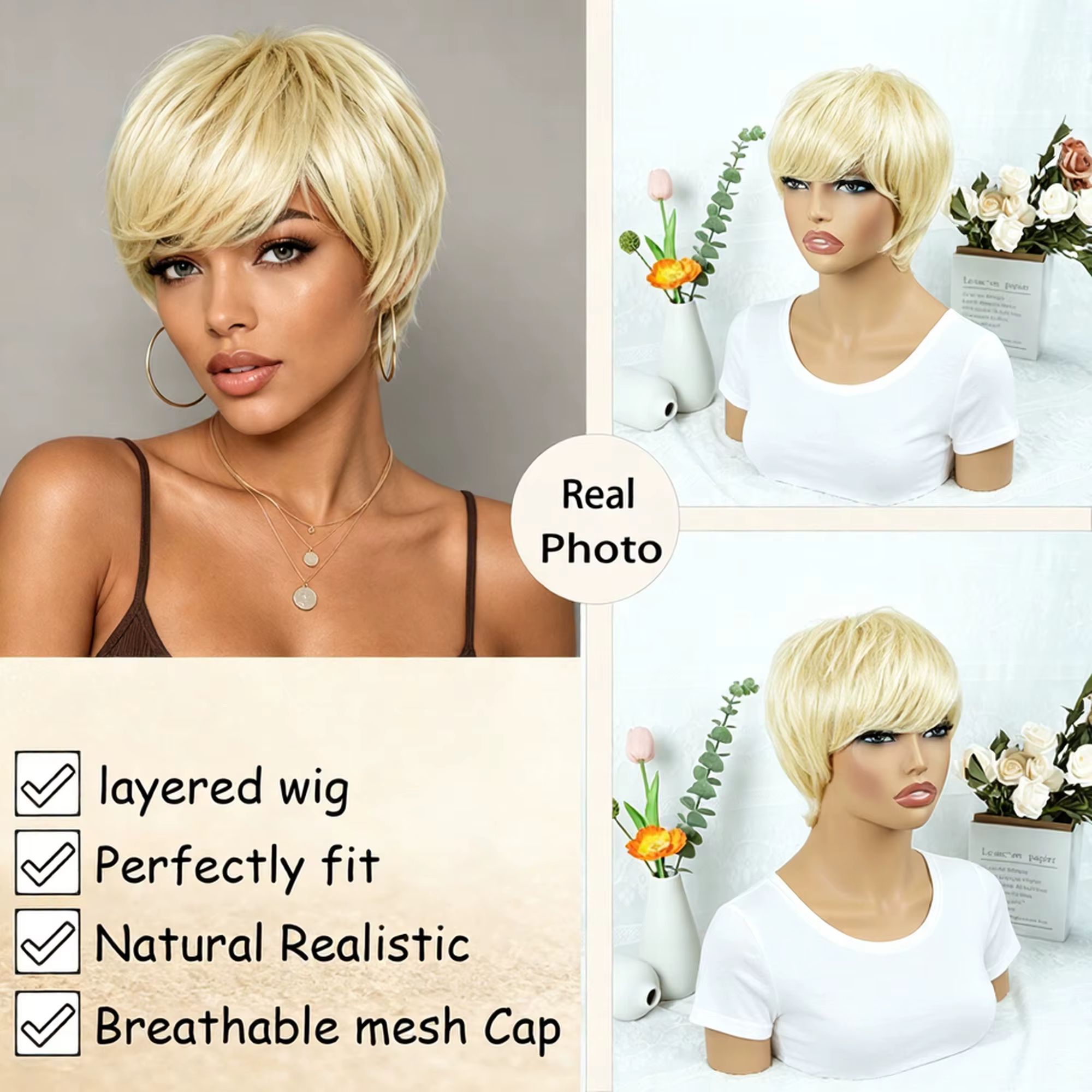 Perruques blondes en cheveux humains coupés style pixie pour femmes