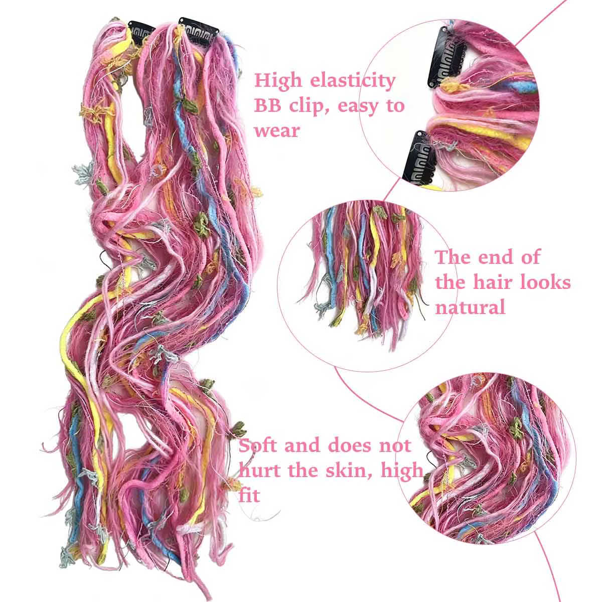 Extensions capillaires synthétiques à clipser, rose pastel, style Macaron, fausses locks, faites à la main, texturées et lisses, avec mèches pour femmes, pour usage quotidien et soirées