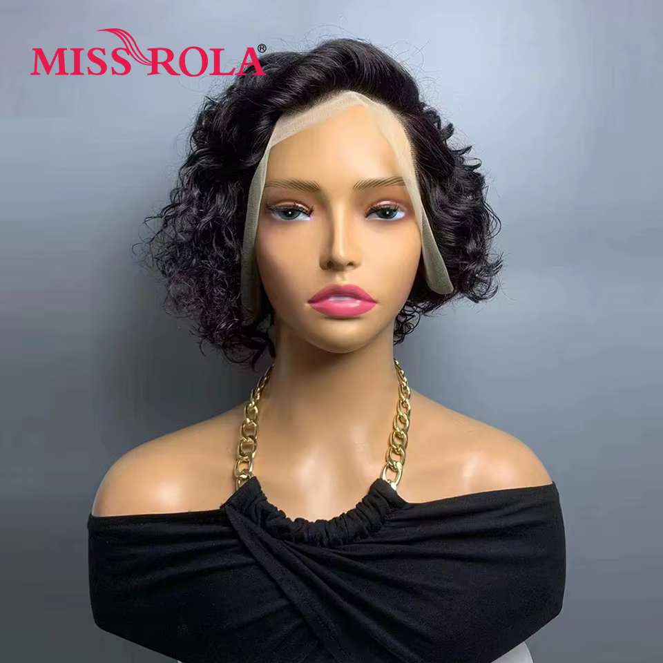 Miss Rola-Perruque Brésilienne Bouclée, Cheveux Naturels Remy, Coupe Pixie, Balayage Noir 99J, 13x4, 12A