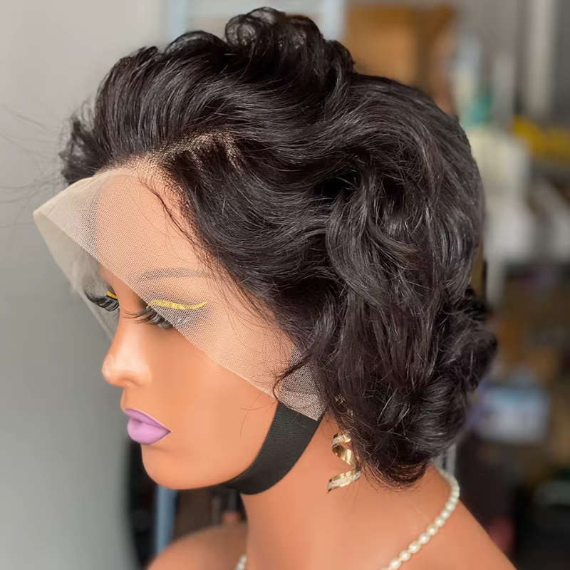 200% densité haute qualité bouclés coupe lutin 13x4 dentelle frontale ondulée perruques cheveux humains vierges doux aspect naturel facile Style confort