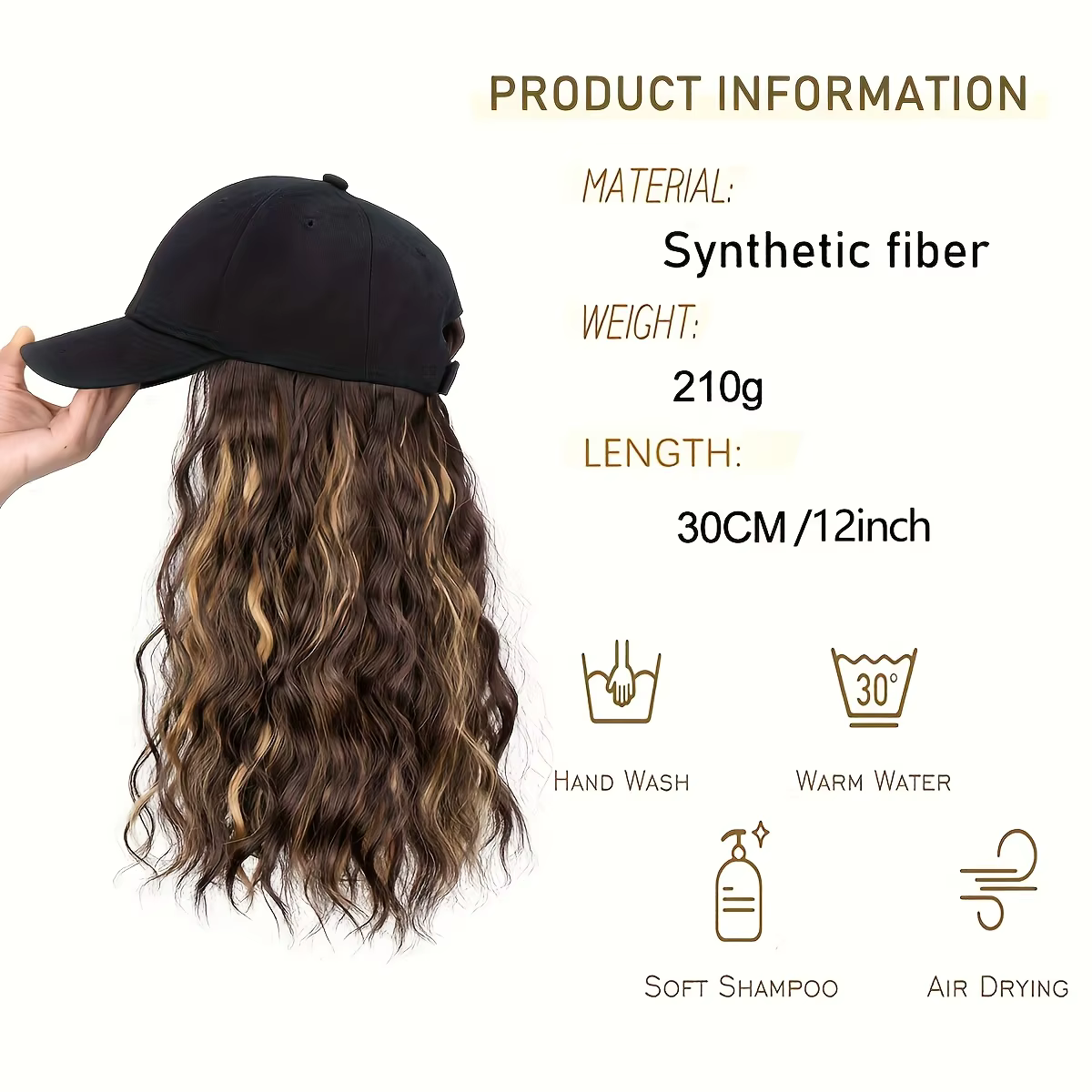 Perruque casquette de baseball en fibres synthétiques avec extensions de cheveux bouclés