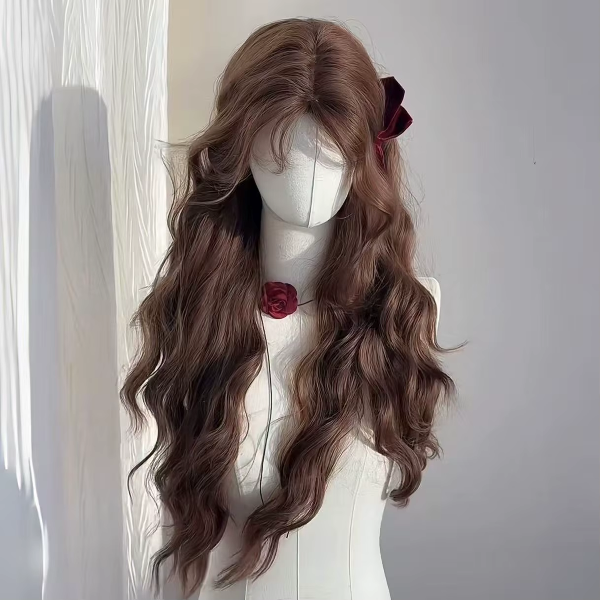 Perruque femme automne châtain marron laine rouleau paresseux tempérament longs cheveux bouclés simulation couverture complète de la tête