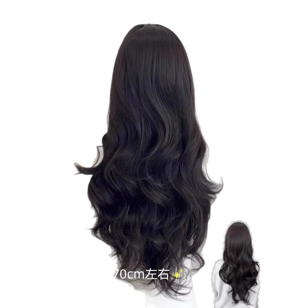 Perruque bouclée longue vague lâche noire naturelle-cheveux synthétiques résistants à la chaleur avec raie naturelle pour le quotidien et le cosplay