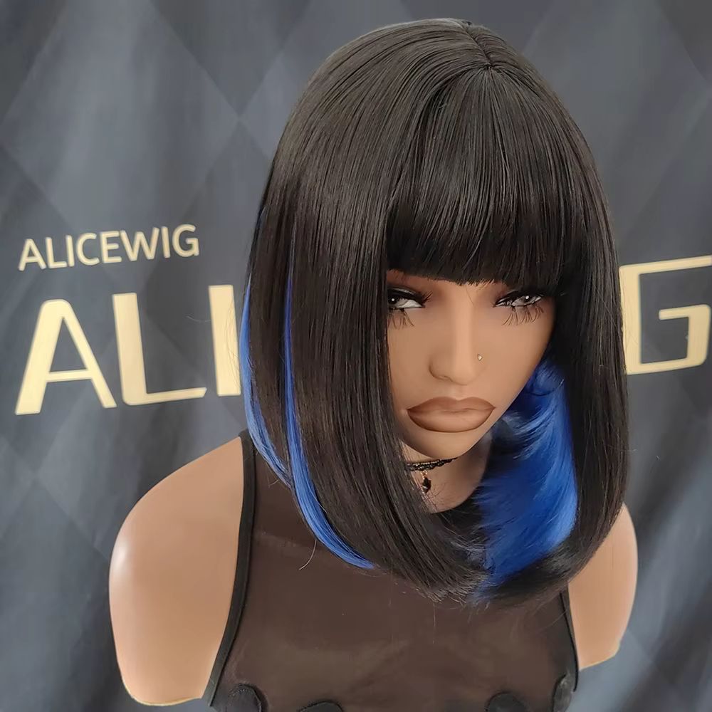 2025 Nouvelle perruque bleue, perruque Bob synthétique bleue mixte noire