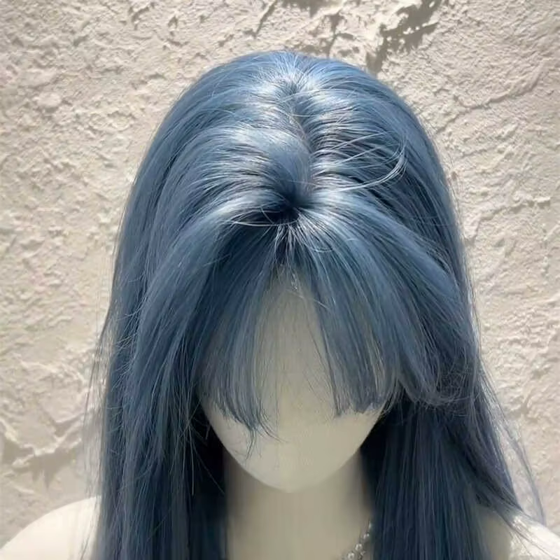 Perruque longue et droite bleu-gris pour femme