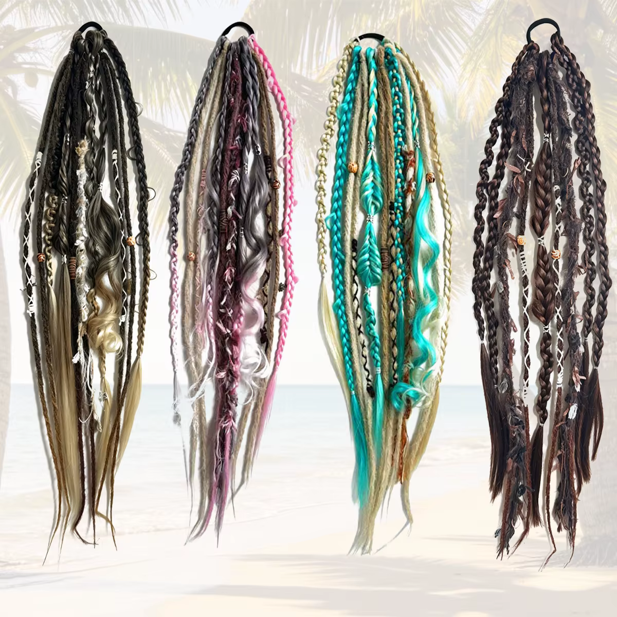 Queue de cheval ombrée synthétique tressée style bohème hippie avec perles en bois et décorations à pompons pour femme
