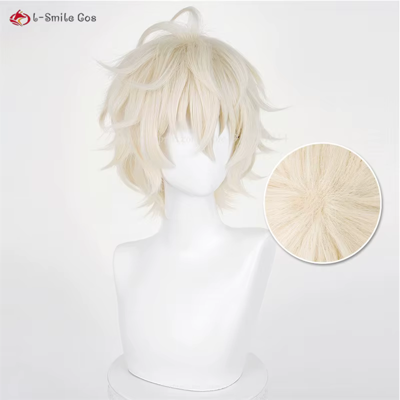 Perruque de Cosplay Synthétique Courte et Blond Clair de 30cm avec Bonnet