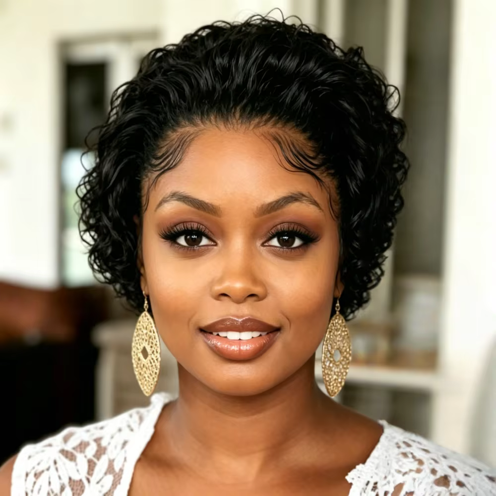 Perruques Courtes Bouclées Pixie Cut 13x1 Lace Front en Cheveux Humains pour Femmes