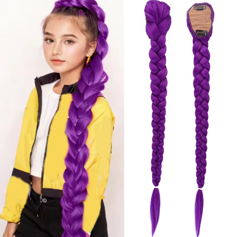 Perruque d'extension de queue de cheval de cheveux violets pour enfants postiche