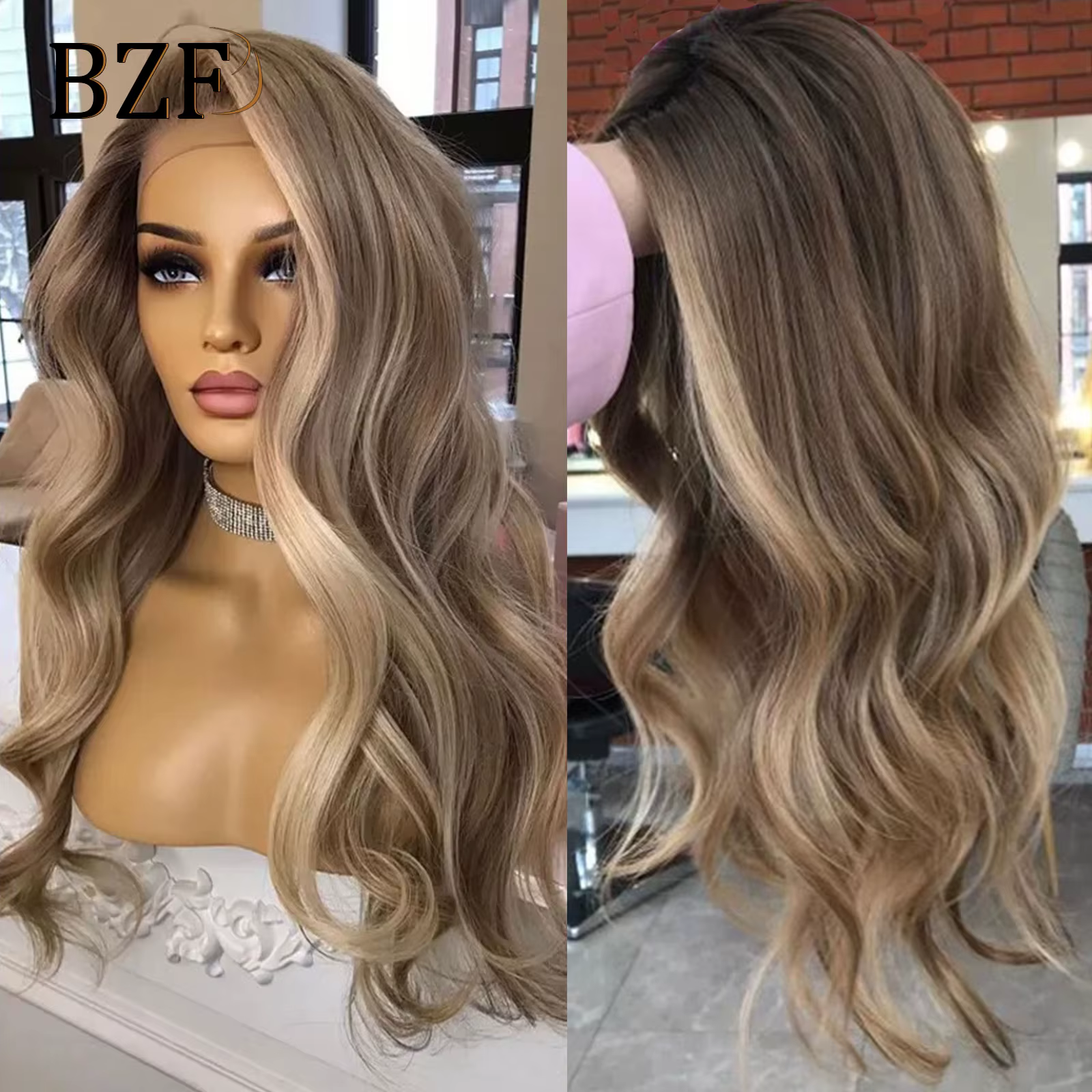 Perruque Lace Front Synthétique à Reflets Bruns Ondulés pour Femme
