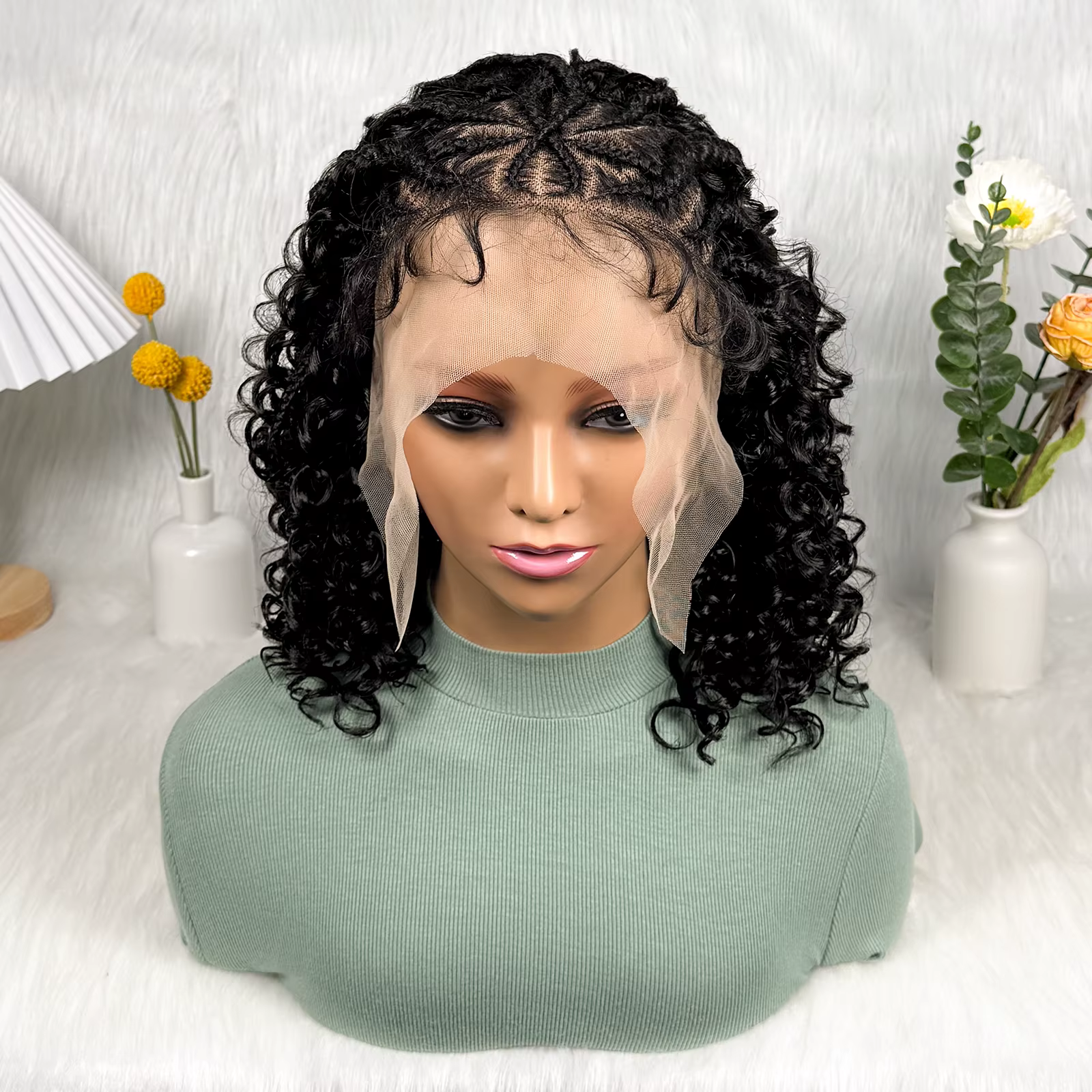 Perruque synthétique courte frisée KIMA Lace Front Cornrow avec tresses torsadées