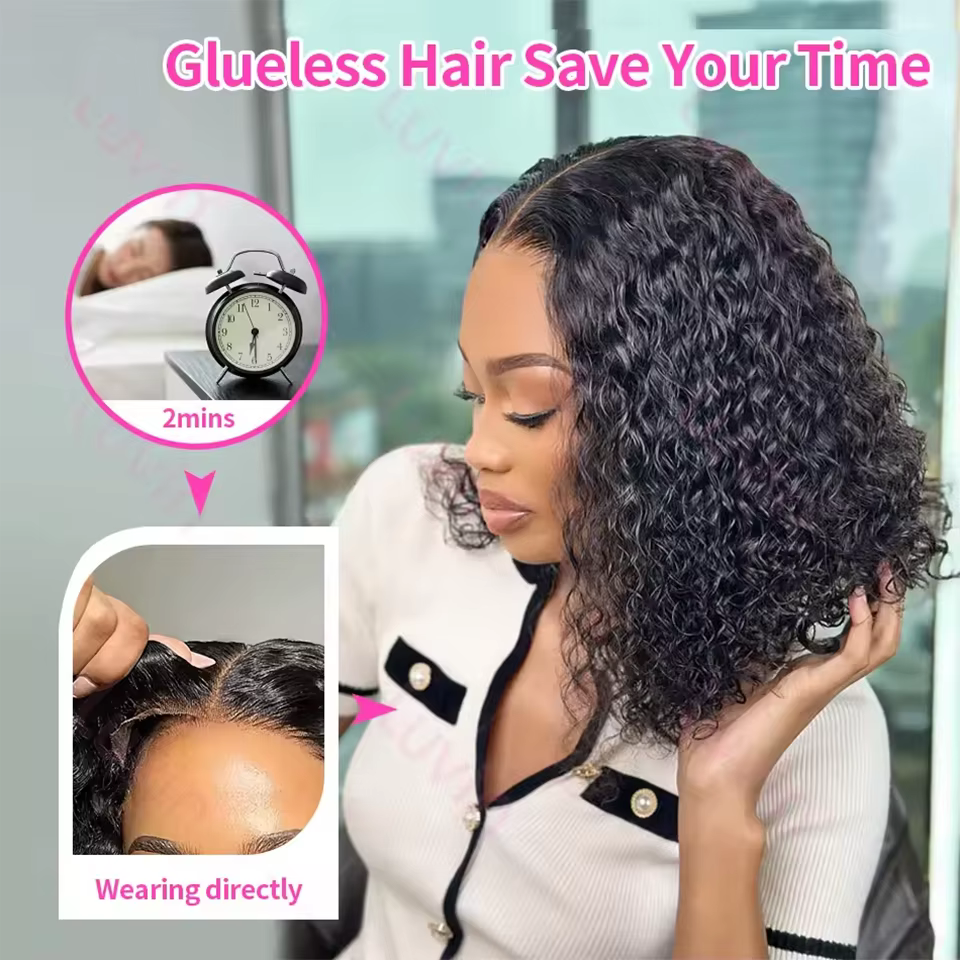Perruques sans colle 100% cheveux humains prêts à porter crépus bouclés courts Bob