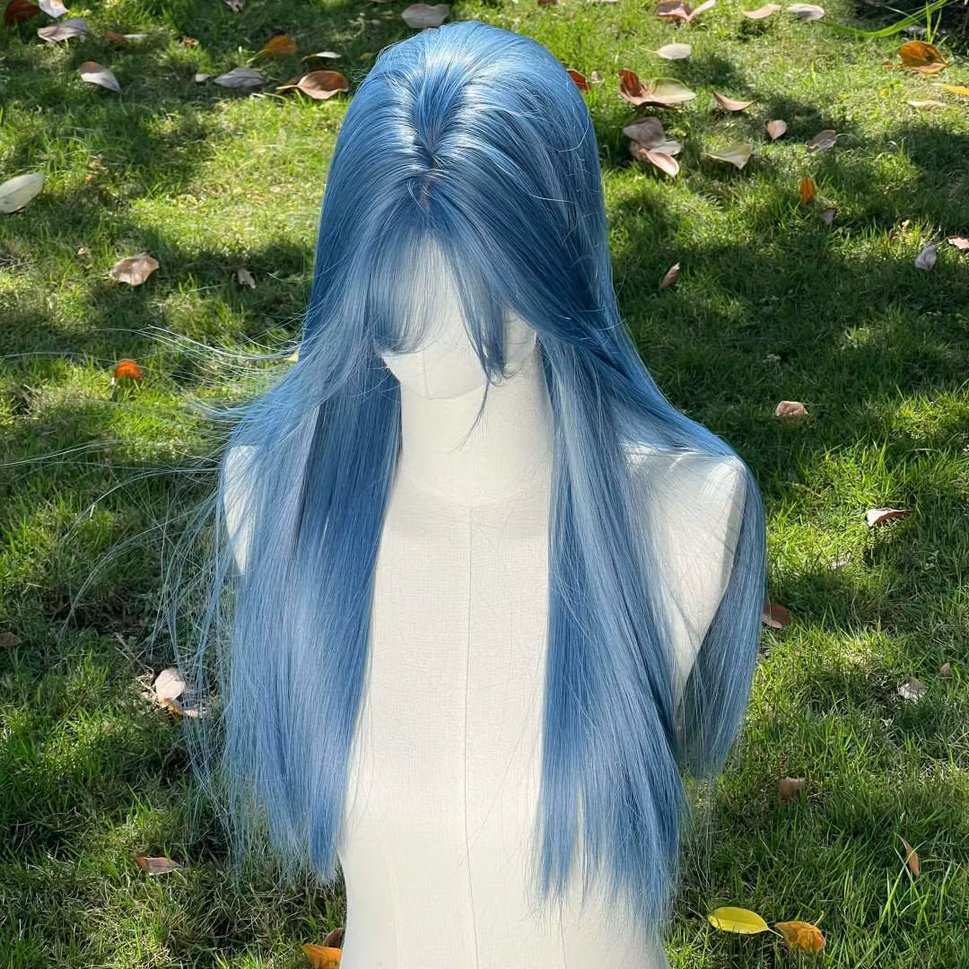 Perruque longue et droite bleu-gris pour femme