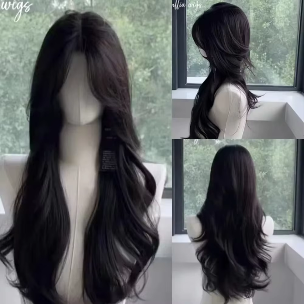 Perruque noire longue ondulée cheveux naturels perruques synthétiques pour femmes 24 pouces haute qualité résistance à