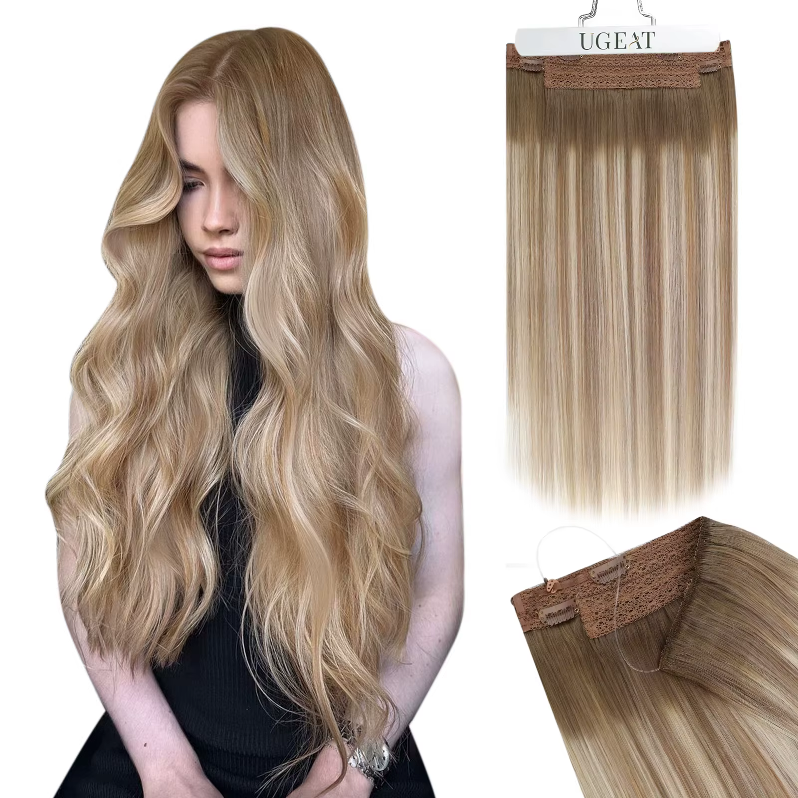 Ugeat Wire-Extensions de Cheveux Humains, Noir Naturel, Vrais Cheveux de Ligne de Poisson, Trame de Cheveux Invisible avec Clips, 12-20 ", 1 Pc, Nouveau