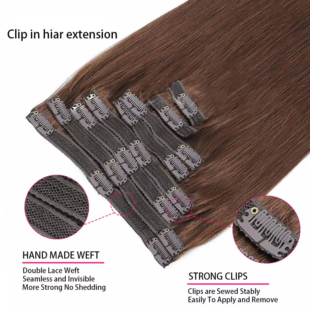Extensions de cheveux à clipser, cheveux humains véritables, lisses, 100% cheveux humains brésiliens Remy, couleur brun chocolat, 16-26 pouces, pour femmes