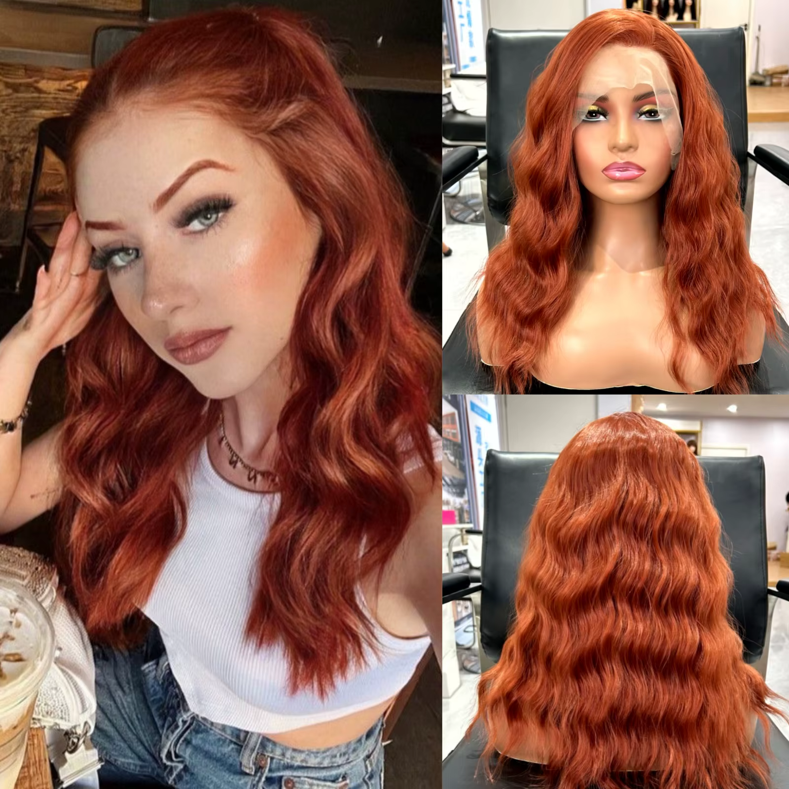 Auburn court cuivre rouge perruque bouclée synthétique partie libre longueur moyenne vague naturelle courte ondulée Bob dentelle avant perruques pour les femmes quotidien