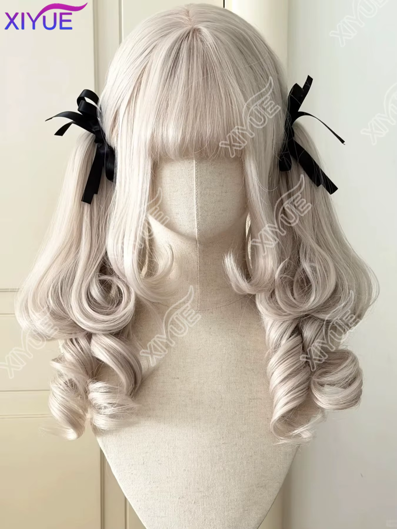 XIYUE oreilles de lapin synthétique princesse coupe Double queue de cheval Lolita perruque avec frange fille blanc gris