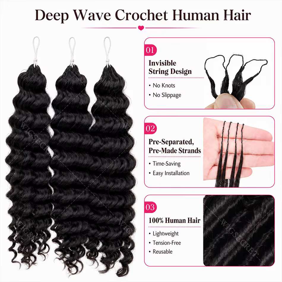 Mèches brésiliennes 100% naturelles Remy ondulées au Crochet
