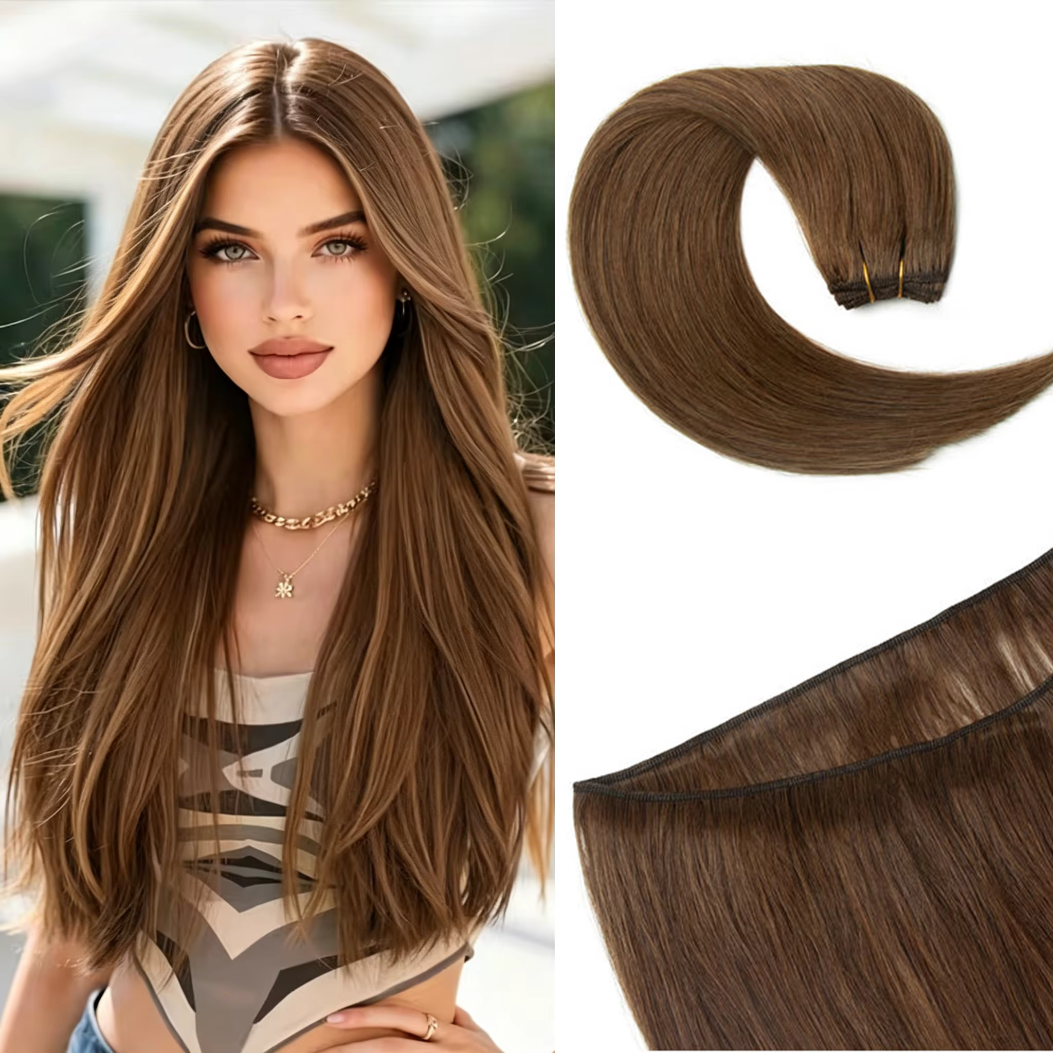 Extensions de cheveux humains à double trame à coudre