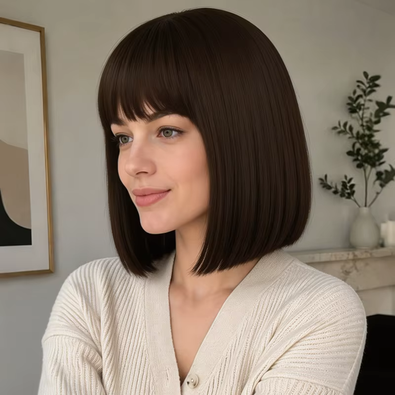 Perruque bob brune de 12 pouces, en cheveux synthétiques naturels, adaptée à un usage quotidien pour les femmes.