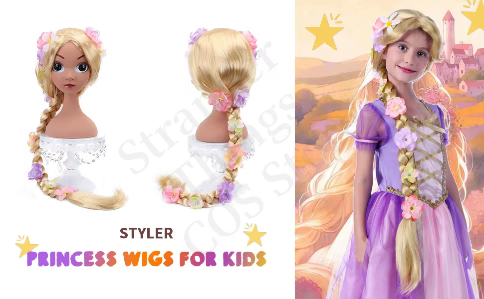 Perruque de princesse Raiponce super longue avec fleurs - Perruques synthétiques blondes tressées pour filles pour
