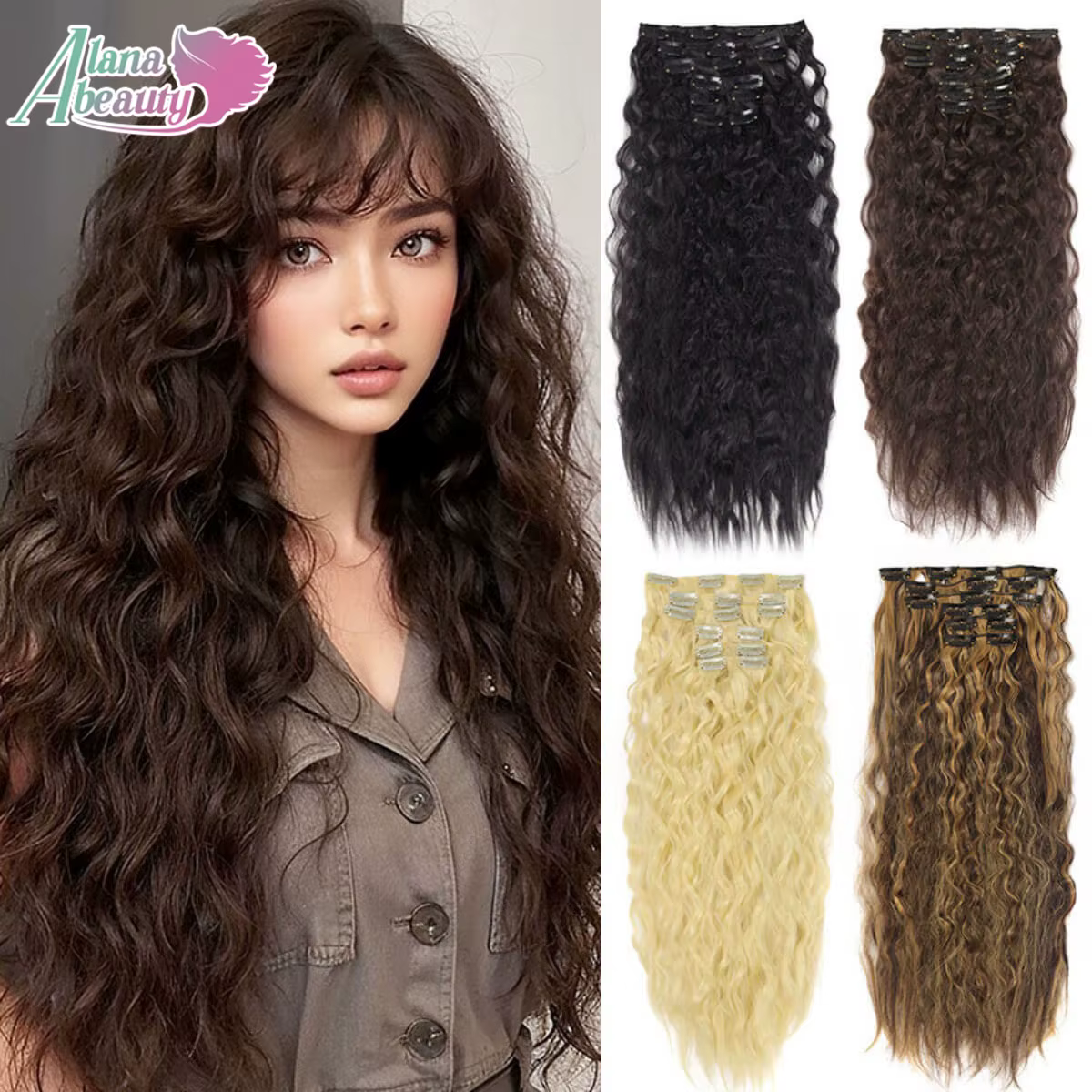 Extensions de cheveux synthétiques bouclés à clipser pour femmes et filles