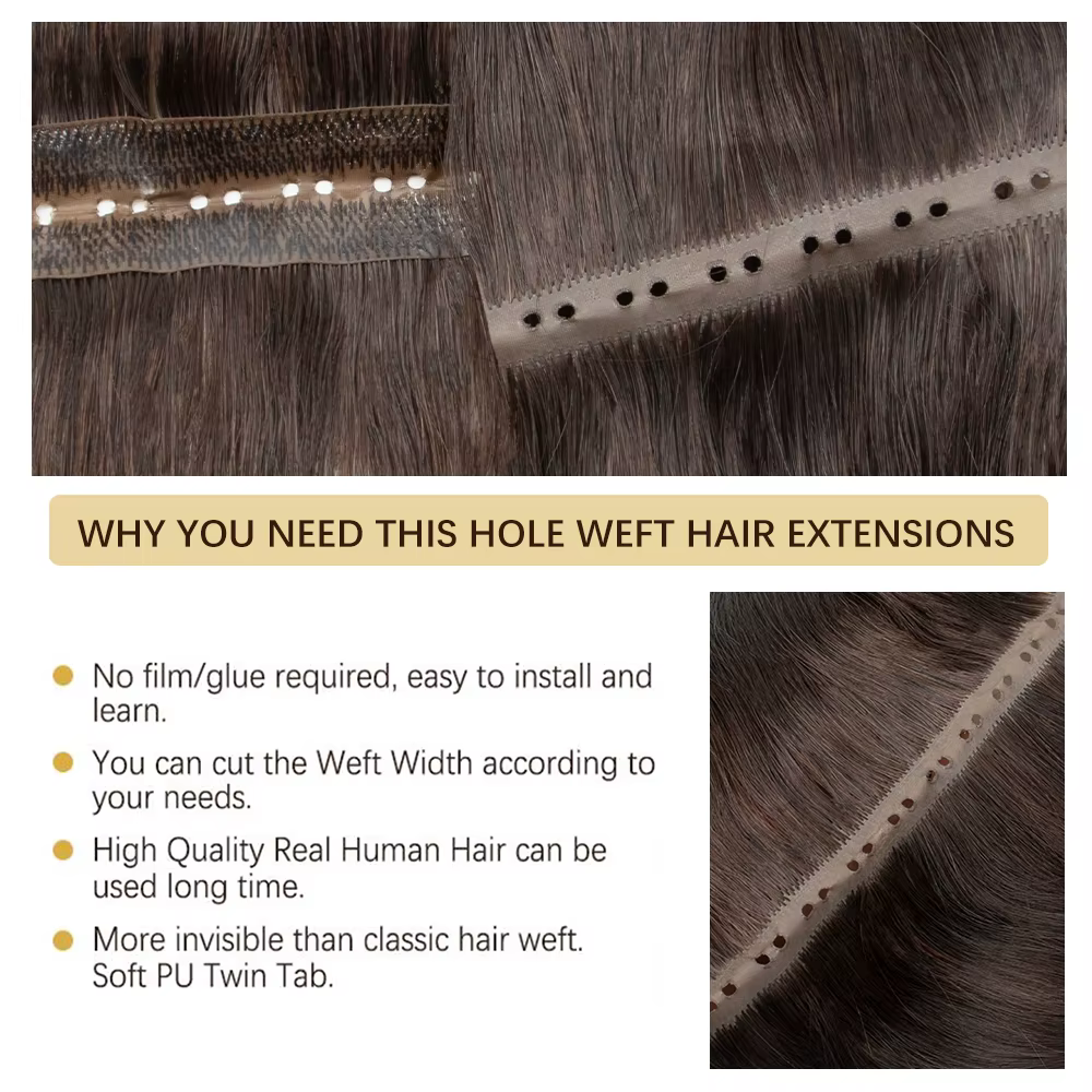 Extensions de trame papillon cheveux humains attachés à la main Invisible PU paquets trou plat Remy double onglets PU