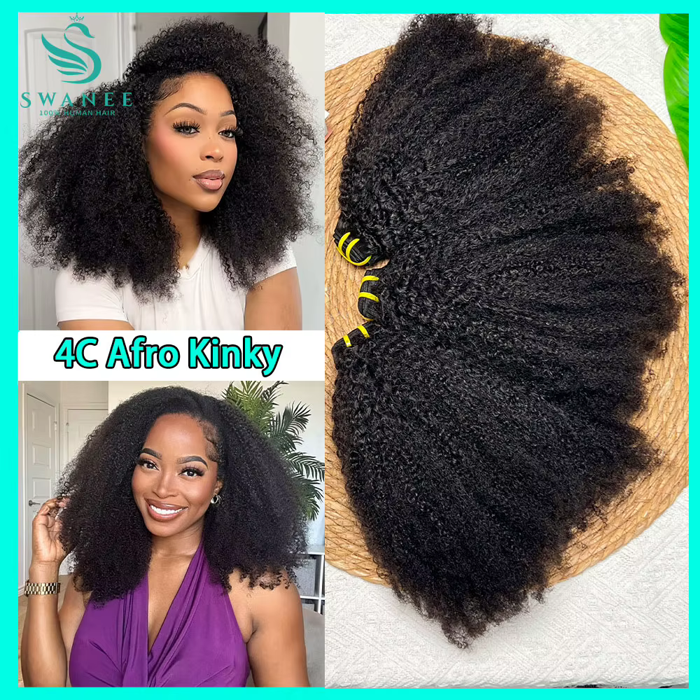 Extensions de cheveux humains vierges bruts 4C Afro Kinky Curly à double trame, lots de tissage pour femmes noires africaines, noir naturel