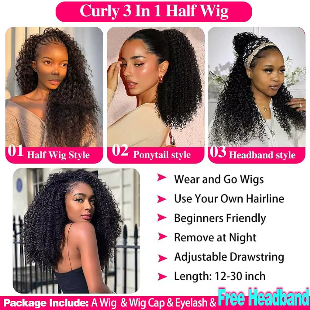 Demi-perruque cheveux humains crépus bouclés 3 en 1 perruque