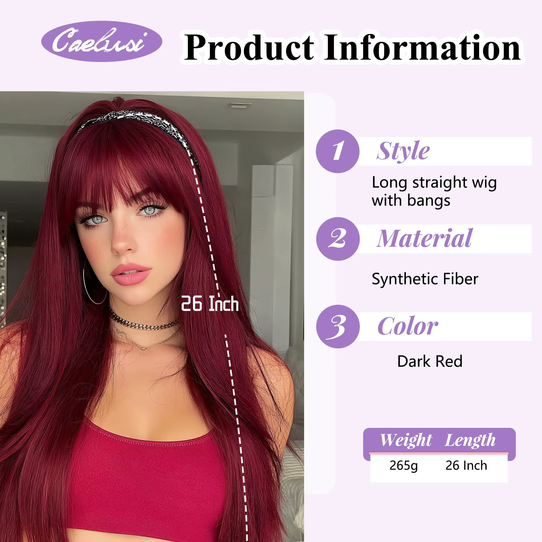 Perruque synthétique couleur vin rouge pour cheveux raides